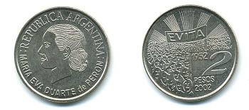 Аргентина 2 песо 2002 Мария Эва Дуарте де Перон KM 135 медно-никель UNC 37-735