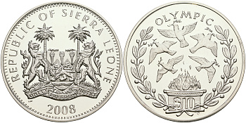 Сьерра-Леоне 10 долларов 2008 XXIX летние Олимпийские игры, Пекин 2008 - Голубь мира UC 229 серебро PROOF 1068-2-61