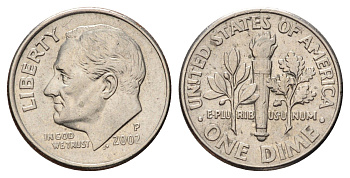 США 1 дайм (10 центов) 2002 P, Рузвельт KM 195a медь плакированный медно-никелем 4682-355