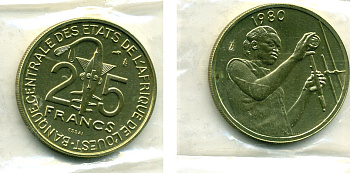 Западно-Африканские штаты 25 франков 1980 пробник, ESSAI, в оригинальной упаковке КМ E9 алюминиевая бронза UNC 5010-312