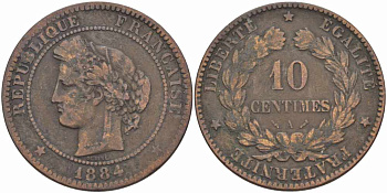 ФРАНЦИЯ 10 САНТИМОВ 1884 A, ТРЕТЬЯ РЕСПУБЛИКА (1871-1940) KM 815.1, LA FRANC 135.28 бронза 97-915