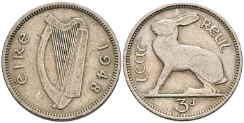 Ирландия 3 пенса 1948 заяц KM 12а медно-никель 92-224