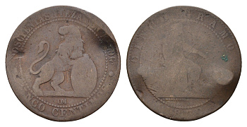 Испания 5 сентимо 1870 ОМ, лев со щитом KM 662 медь 4703-247