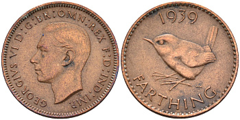 Великобритания 1 фартинг 1939 Георг VI (1936-1952) KM 843, Spink 4116 бронза 4571-322