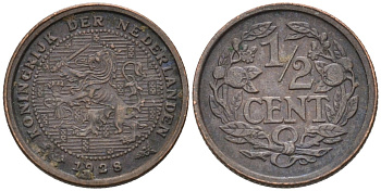 Нидерланды 1/2 цента 1928 Вильгельмина (1890-1948) KM 138 бронза 4576-458