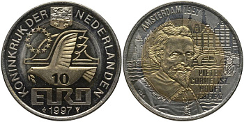 НИДЕРЛАНДЫ 10 ЕВРО 1997 ПИТЕР КОРНЕЛИСОН ХОФТ (1581-1647) биметалл UNC 69-845