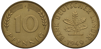 ФРГ 10 пфеннигов 1949 J KM 103, J.378 сталь плакированная латунью 650-1724