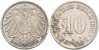 ГЕРМАНИЯ 10 ПФЕННИГОВ 1915 D J. 13, KM 12 медно-никель 73-1621