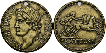 ИТАЛИЯ ЖЕТОН МОНЕТОВИДНЫЙ ND МАРК АГРИППА, КОНСУЛ ТРЕТИЙ РАЗ, С ОТВЕРСТИЕМ желтый металл 540-115