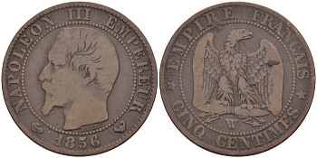 ФРАНЦИЯ 5 САНТИМОВ 1856 W, НАПОЛЕОН III (1852-1870) KM 777.7, LA FRANC 116.36 бронза 28-643