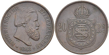 Бразилия 20 рейсов 1868 Педро II (1831-1889) KM 474 бронза 4529-513