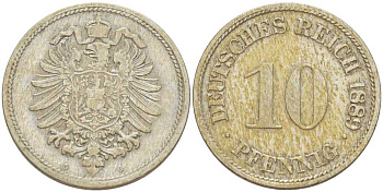 ГЕРМАНИЯ 10 ПФЕННИГОВ 1889 G, СТАРОГЕРБОВКА KM 4, J. 4, Weege 7 медно-никель 261-1235