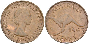 АВСТРАЛИЯ 1 ПЕННИ 1963 р, ЕЛИЗАВЕТА II (1953-), КЕНГУРУ KM 56 бронза 4521-111