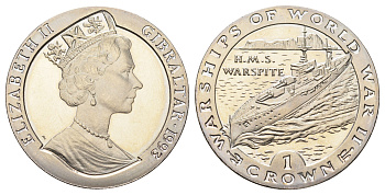 Гибралтар 1 крона 1993 Боевые корабли Второй мировой войны - HMS Warspite KM 117 медно-никель BU 1078-2-22