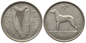 Ирландия 6 пенсов 1928 собака, ирландский волкодав KM 5 никель 4681-135