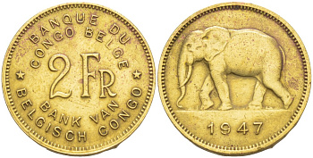 Бельгийское Конго 2 франка 1947 слон KM 28 латунь 4541-1037