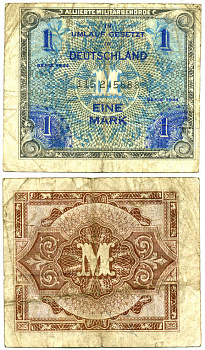 Германия, оккупация союзниками 1 марка 1944 9 цифр, без кода, выпуск СССР Pick 192 b бумага 7217-99-1-2