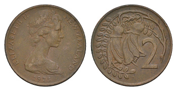 Новая Зеландия 2 цента 1973 Елизавета II (1952-2022), два цветка кохаи KM 32.1 бронза 4655-1143