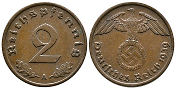 ГЕРМАНИЯ 2 РЕЙХСПФЕННИГА 1939 A KM 90, J. 362 бронза 4380-954