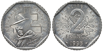 Франция 2 франка 1993 Жан Мулен, 50 лет Национальному движению сопротивления KM 1062, Le Franc 273.2 никель 4123-442