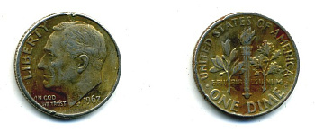 США 10 центов (дайм) 1967 Рузвельт KM 195а медь плакированная медно-никелем 46-2351