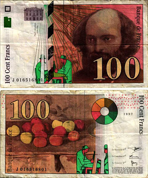 ФРАНЦИЯ 100 ФРАНКОВ 1997 ПОЛЬ СЕЗАНН, КАРТЕЖНИКИ Pick 158а бумага VF 7183-17-2-2