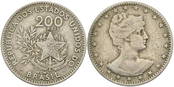 БРАЗИЛИЯ 200 РЕЙС 1901 ГОЛОВА СВОБОДЫ ВПРАВО, РИМСКАЯ НУМЕРАЦИЯ ДАТЫ KM 504 медно-никель 4529-552