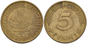 ФРГ 5 ПФЕННИГОВ 1989 D KM 107, J. 382 сталь плакированная латунью 75-518