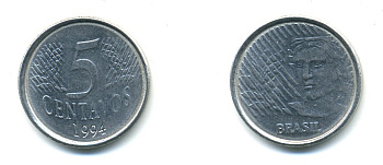 Бразилия 5 сентаво 1997 реформа 1994-, голова свободы влево KM 632 нержавеющая сталь 4379-1012
