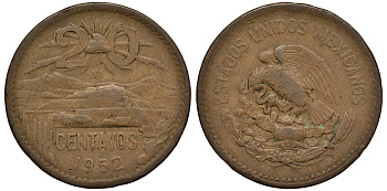 МЕКСИКА 20 СЕНТАВО 1952 ПИРАМИДА СОЛНЦА В ТЕОТИУАКАНЕ KM 439 бронза F 215-833