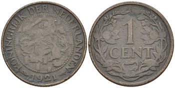 НИДЕРЛАНДЫ 1 ЦЕНТ 1921 ВИЛЬГЕЛЬМИНА (1890-1948) KM 152 бронза 211-719