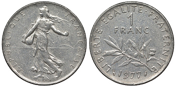 Франция 1 франк 1977 сеятель KM 925.1, Le Franc 226.22 никель 4128-434