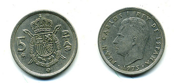 Испания 5 песет 1975 (79) Хуан Карлос I (1975-2014) KM 807 медно-никель 25-2041