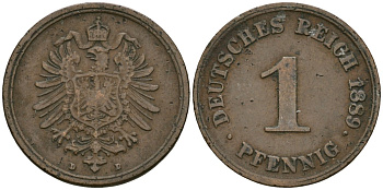 Германия 1 пфенниг 1889 D, Вильгельм I (1871-1888) KM 1, J. 1 медь 4387-1016