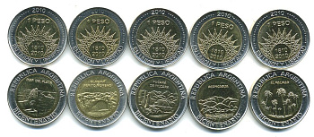 Аргентина лот из 5 монет по 1 песо 2010 серия 200 лет Аргентине (MAR DEL PLATA, ACONCAGUA, EL PALMAR, PUCALA DEL TELCURA, GLACIAR PERITO MORENO) биметалл UNC N2-37