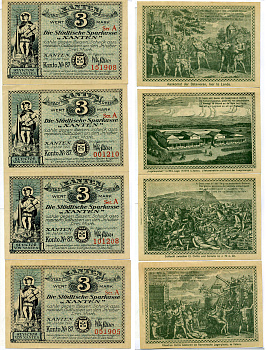 КСАНТЕН НАБОР ИЗ 4 БАНКНОТ ПО 3 МАРКИ 1921 1921 - 31 ДЕКАБРЯ 1922, WERTMARK, НОТГЕЛЬД, ЗЕМЛЯ СЕВЕРНЫЙ РЕЙН-ВЕСТФАЛИЯ. СЕРИЯ А, KONTO №87, НОМЕР 1, 2, 3, 4 Grabowski 1465.1а бумага 2193-3-2-2