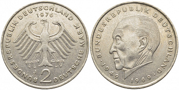 ФРГ 2 МАРКИ 1976 J, КОНРАД АДЕНАУЭР KM 124, J. 406 медно-никель плакированный никелем 3856-252