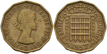 Великобритания 3 пенса 1957 Елизавета II (1952-2022) KM 900, Spink 4153 никель латунь 4153-735