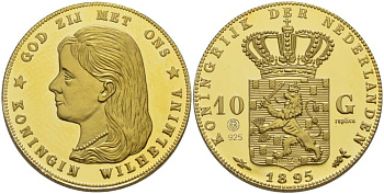 Нидерланды медаль ND 10 гульденов 1895, Вильгельмина королева Нидерландов, официальная реплика, диаметр 26 мм., вес 9,97 гр., позолота  серебро  PROOF  11-069-26