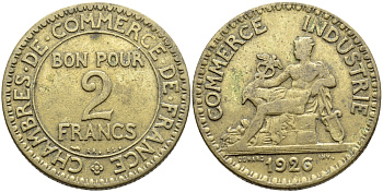 ФРАНЦИЯ 2 ФРАНКА 1926 KM 877 алюминиевая бронза 3334-833