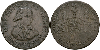 Великобритания, Мидлсекс 1/2 пенни ND (1787-1797) Национальная серия - Принц Уэльский, гурт - надпись, токен Dalton & Hamer 953a, Atkins 742 1529-744