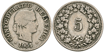 Швейцария 5 раппенов 1904 KM 26 медно-никель 4608-1017