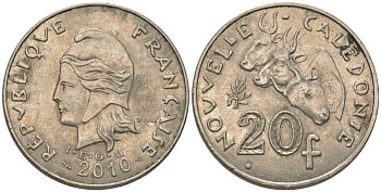 Французская Новая Каледония 20 франков 2010 три быка, (IEOM) KM 12a, Schoen 14a, Lec 115j медно-никель 84-723