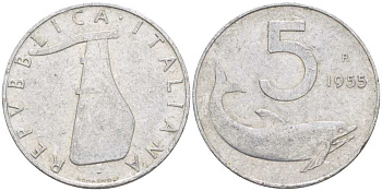 ИТАЛИЯ 5 ЛИР 1955 R, РУЛЬ, ДЕЛЬФИН KM 92 алюминий 175-127