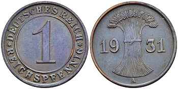 Германия 1 рейхспфенниг 1931 A KM 37, J. 313, Weege 2 бронза 4547-154