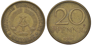 ГДР 20 пфеннигов 1969 А, первый год KM 11 латунь 62-1024