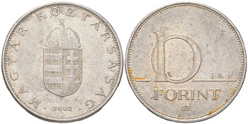 Венгрия 10 форинтов 2002 BP KM 695 латунь плакированная медно-никелем 4143-626
