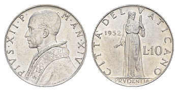 Ватикан 10 лир 1952 MCMLII, Пий XII KM 52 алюминий UNC 4648-121