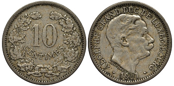 ЛЮКСЕМБУРГ 10 САНТИМОВ 1901 ВЕЛИКИЙ ГЕРЦОГ АДОЛЬФ (1890-1905) КМ 25 медно-никель 4538-714