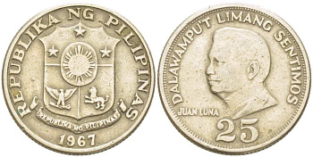 ФИЛИППИНЫ 25 СЕНТИМО 1967 ХУАН ЛУНА KM 199 медь цинк никель 4513-926